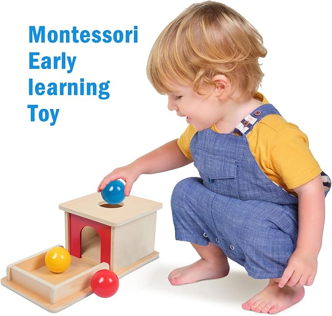 Adena Montessori Wooden Toy for 6-12 Month Baby 3 Balls,Object Permanence Box with red Door Colorful Learning Education Toy for Toddler Kid 1-2 Year Old, Preschool Girl and Boy Gift Full Size Typical
