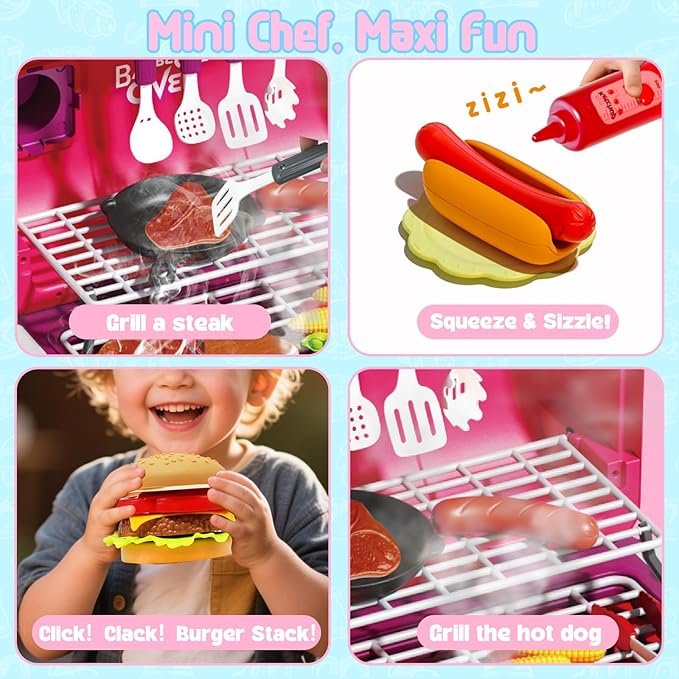 Kid Toy Grill, BBQ Grill Playset with Light Sound, Smoke Effect and 2 Wheels, Pretend Food, Little Chef Play Kitchen Accessories, Christmas Birthday Gifts for Boys Girls Ages 3 4 5 6 7 8