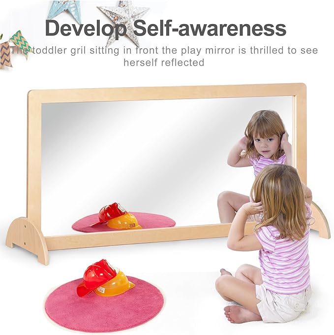 3-Position Montessori Wood Frame Non-Shatter Safety Pull Up Bar Baby Big Mirror Set, Infant Coordination Mirror, Kids Classroom Furniture for Daycare, Homeschool or Preschool