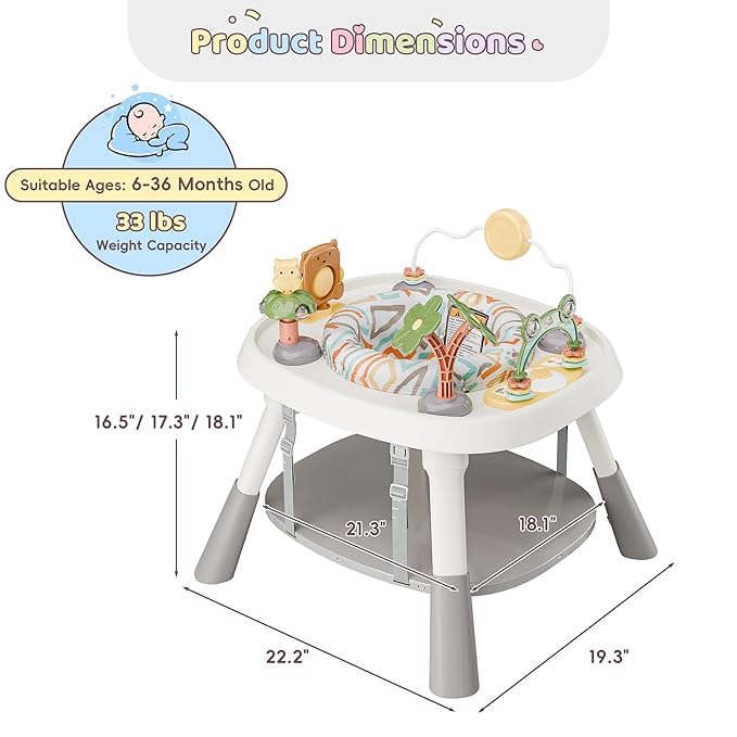Baby Activity Center, Baby Jumpers and Bouncers with 5 Toys, Lights & Music, Adjustable Heights, 3-Stage Activity Center & Play Table, 360° Rotary Interactive Play Center for Baby Ages 6m+ (White)