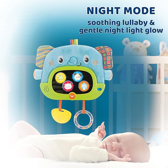 Bambiya Baby Tummy Time Mirror for Floor, Crib, Play Gym & Stroller - Soft Elephant Baby Mirror w/Hidden Characters – Daytime Play & Nighttime Lullaby Modes – 0+ Months