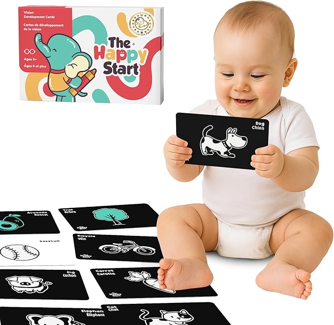 Happy Start High Contrast Baby Cards for Newborns - Black & White Cards, Water-Resistant, BPA-Free, Portable Educational Flashcards for Visual Stimulation, Award-Winning, Ages 0+(English & French)
