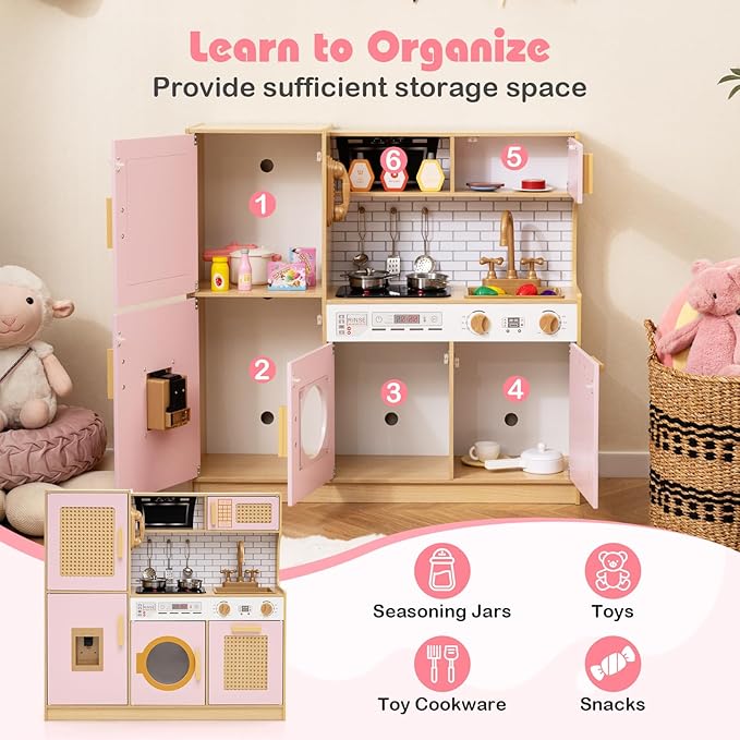 HONEY JOY Play Kitchen, Rattan Design Wooden Toy Kitchen Set for Toddlers, Stove with Lights & Water Dispenser, Range Hood, Cookware, Pretend Play Kids Kitchen Playset, Gift for Boys Girls (Pink)