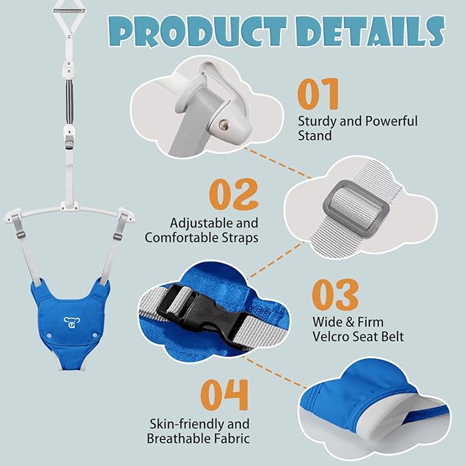 Baby Jumper, Baby Jumper Doorway with Adjustable Strap, Easy to Assemble, with a Soft Rug (Blue)