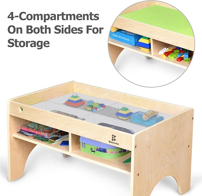 Kids 3-in-1 Wooden Art & Activity Table Playset Furniture with 4 Compartments for Storage, Play Table Compatible with Blocks&Bricks and Train Set for Preschool Toddler Boy & Girl (STD.)