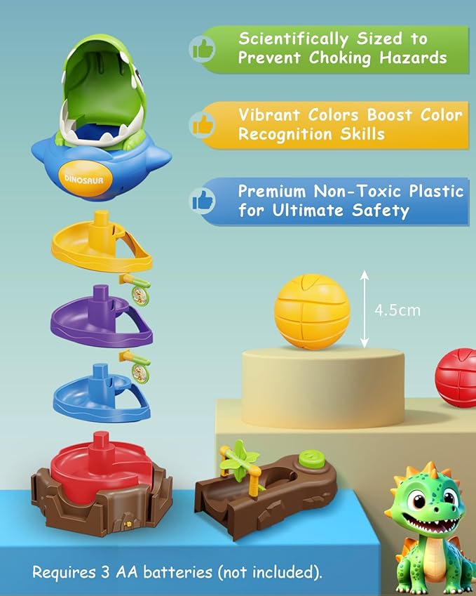 Dinosaur Ball Drop Toy for 3 4 5 6 7 8 Years Old Kids, Dino Spin Twister Toddlers Toy, Shoot Balls Toddler Montessori Toys Gifts for 3-6 Year Old Boys Girls, 2 Players PK Mode