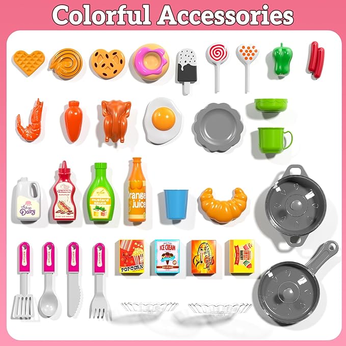 Kids Kitchen Playset for Ages 3-6 4-8, Play Kitchen with Light, Sound and Spraying, Sink Toy Accessories, Cooking Stoves, Pretend Food Toys for Toddlers 3-5 Boys Girls 6-12