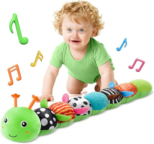 HEMRLY Baby Gifts Toys, Sensory Toy 0-6 Months, Musical Stuffed Caterpillar Plush with Soft Teether, Rattle for Tummy Time, Infant Car Seat Toy for 0-3-6-12 Month Boys Girls Gifts - Spotted Green