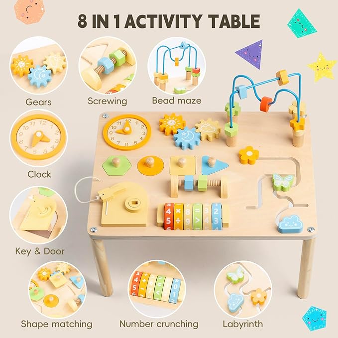 Activity Table for 1 Year Old, 8 in 1 Macaron-Colored Montessori Toys, Baby Activity Table with Bead Maze & Shape Sorter, Educational Sensory Table for Girls Boys 12+ Months