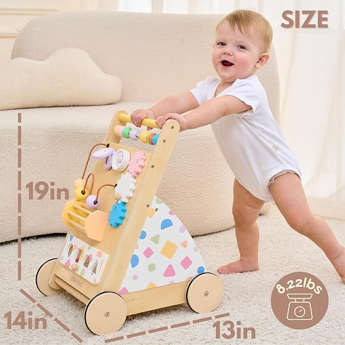 Wooden Baby Walker, Montessori Push Walker｜Busy Board for Fine Motor Skill Development｜Upgraded 2.0 Brake System Speed Control & Full Stop｜Baby Walker with Wheels for Boys and Girls 1+yr
