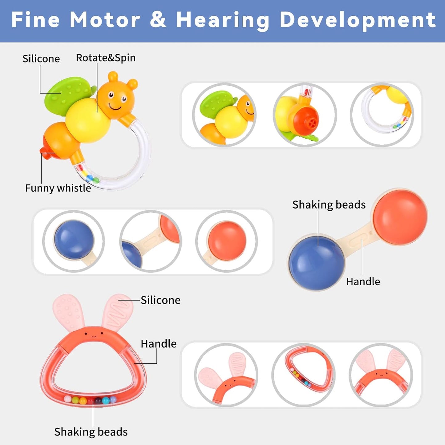 MOONTOY 9pcs Baby Rattles 3-6 Months, Infant Teething Toys 3-6 Months, Teethers Baby Toys 6-12 Months Sensory Toys for Babies 3 4 5 6 7 9 10 Month Boy Girl Gifts