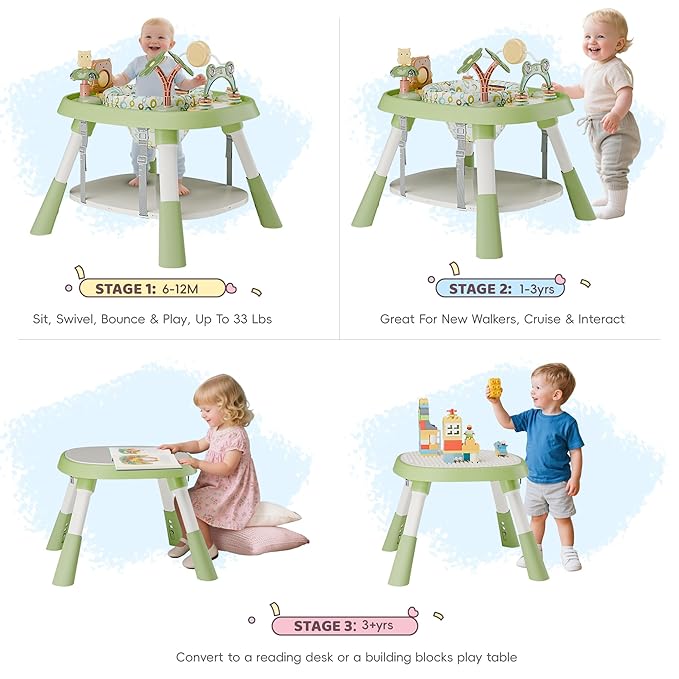 TOLEAD Baby Activity Center, Infant Jumper Activity Center with 5 Toys, Lights & Music, Adjustable Heights, 3-Stage Activity Center & Play Table, Interactive Play Center for Baby Ages 6m+ (Green)