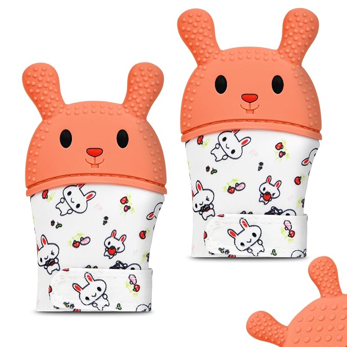 2Pack Silicone Teething Mitt, Rabbit Baby Teething Toy for 0-6 6-12 Months, Food Grade Silicone Infant Teething Mitten, BPA-Free Baby Chew Toys for Pain Relief, Sucking Needs