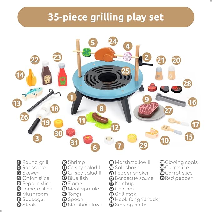 UMU Kids Grill Set, Pretend Play BBQ Toys with Wooden Grill, Cutting Food, and Cooking Accessories – Play Kitchen Outdoor & Indoor Barbecue Toy for Toddlers and Kids Age 3 4 5 6 7 8+