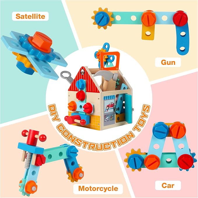 Toddler Tool Kit - 33 PCS Montessori Toddlers Tool Box, Kids Pretend Play Tool Set Age 2-4, STEM Educational Toys for Age 3, Wooden Construction Toys, Boys Birthday Gift 2,3,4,5 Year Old (House)