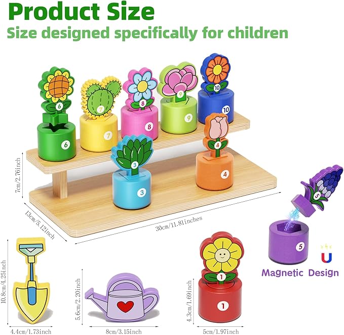 GJZZ Wooden Pretend Play Flower Garden Set with Stand - Montessori Shape and Color Sorting Toys for 2 3 Year Old Girls Boys Birthday Gifts, Number Cognition for Toddler Kids, Fine Motor Skills
