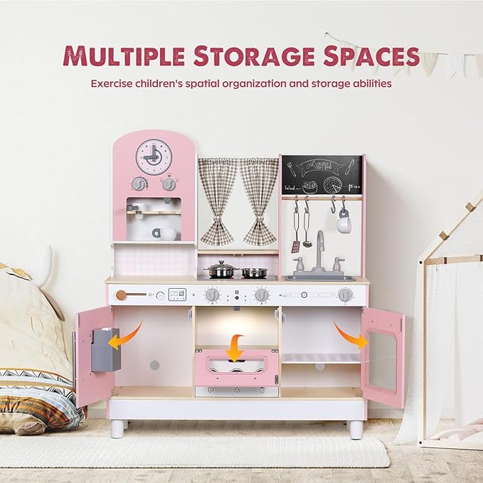 Kids Kitchen playset, Wooden Play Kitchen, Height Adjustable, Comes with Various Kitchen Accessories, Ideal Role Play Toy Gift for Toddlers and Kids Ages 3-8 (Pink)