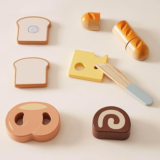 ROBOTIME Wooden Play Food Cutting Bread Set, Pretend Play Toy Food for Play Kitchen with Shopping Bag – Kids Kitchen Accessories, Wooden Bread Toys for Boys & Girls