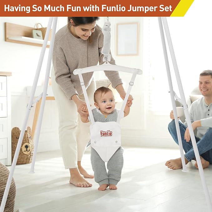 FUNLIO Baby Jumper with Stand for 6-24 Months, Toddler Jumper for Baby Girl/Boy, Infant Jumper for Indoor/Outdoor Play, with Adjustable Chain, Easy to Assemble & Store (with Stand) - White