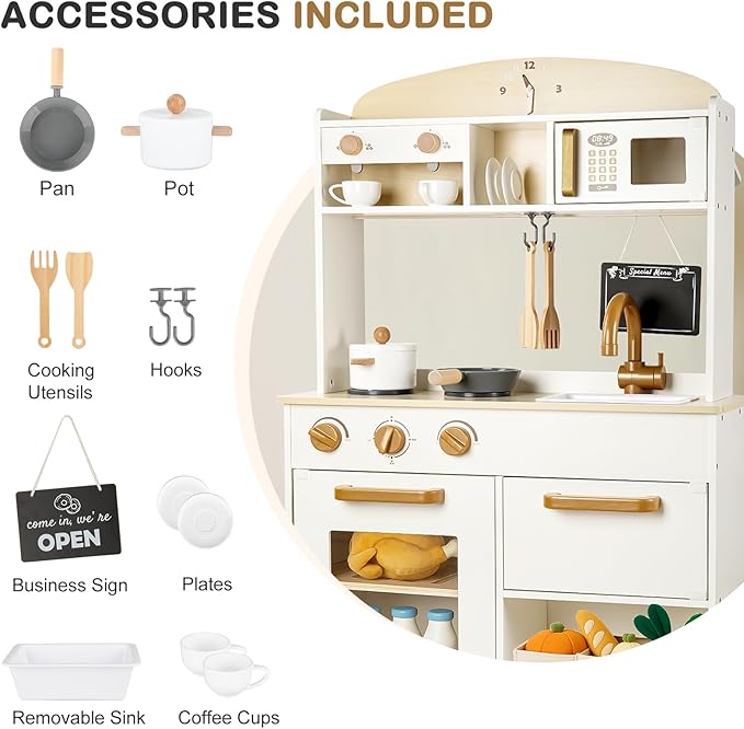 Dual-Sided Play Kitchen for Kids Toddlers, 2-in-1 Grocery Store&Wooden Toy Kitchen Set with Coffee Machine,Pretend Kitchen Play Set with Microwave, Oven, Gift for Boys Girls