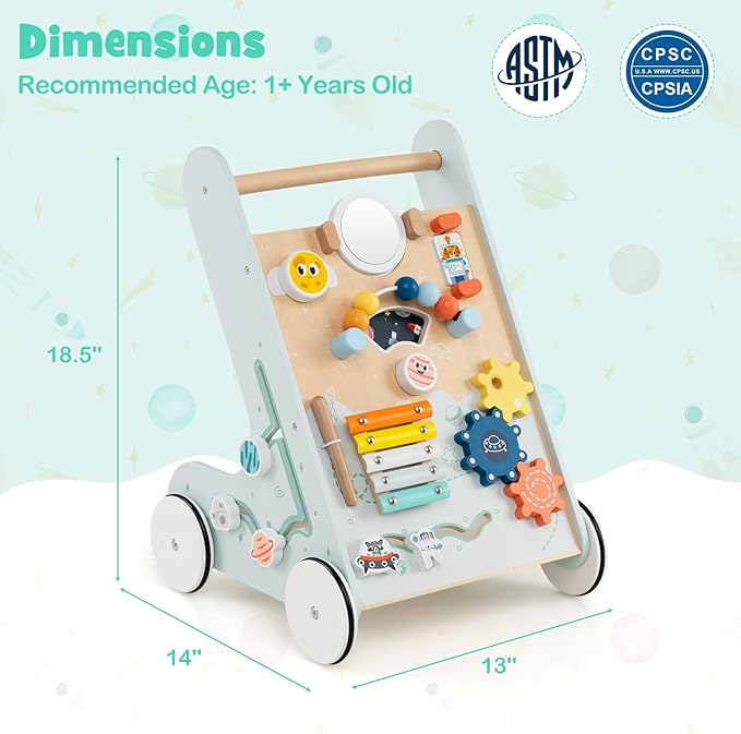 HONEY JOY Baby Push Walker, Wooden Infant Walker Activity Center with Shape Sorter, Develop Motor Skills & Creativity, Push Toys for Babies Learning to Walk, Gift for Boys and Girls, Light Blue