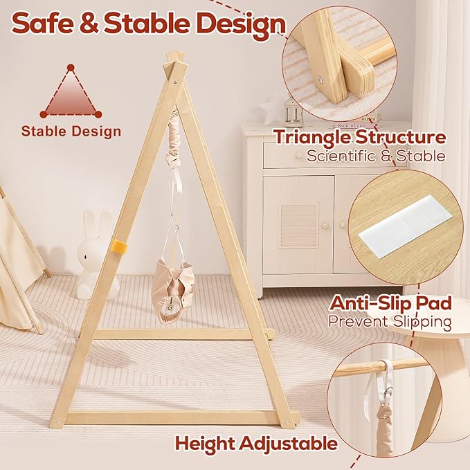 FUNLIO Montessori Wooden Baby Jumper with Stand for 6-36 Months, Adjustable Baby Bouncer for Indoor/Outdoor Play, Foldable Toddler Jumper for Baby Girl/Boy, Easy to Assemble & Store