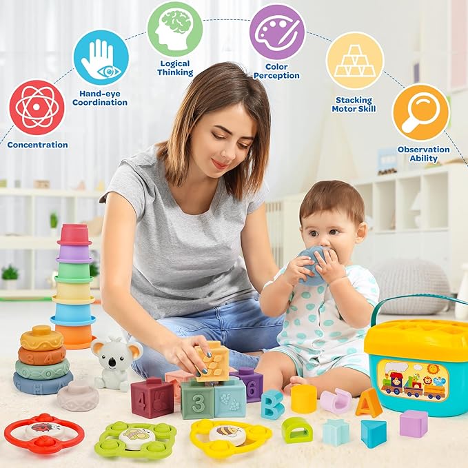 Montessori Toys for Babies Ages 6–12–18 Months with Sensory Shape Sorter Matching Game Box Stacking Cups Soft Ring, Building Blocks, Spinner Developmental Learning Toys for Toddlers 1+ Year Old