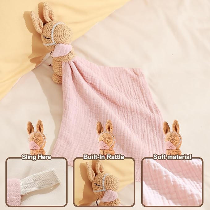 Hand-Knit Crochet Animal Security Blanket | Organic Cotton Baby Shaker Rattle Toy & Comforter Lovey | Soft Sensory Stroller Toy for Newborns Infants 0-6-12 Months (Baby Pony Design)