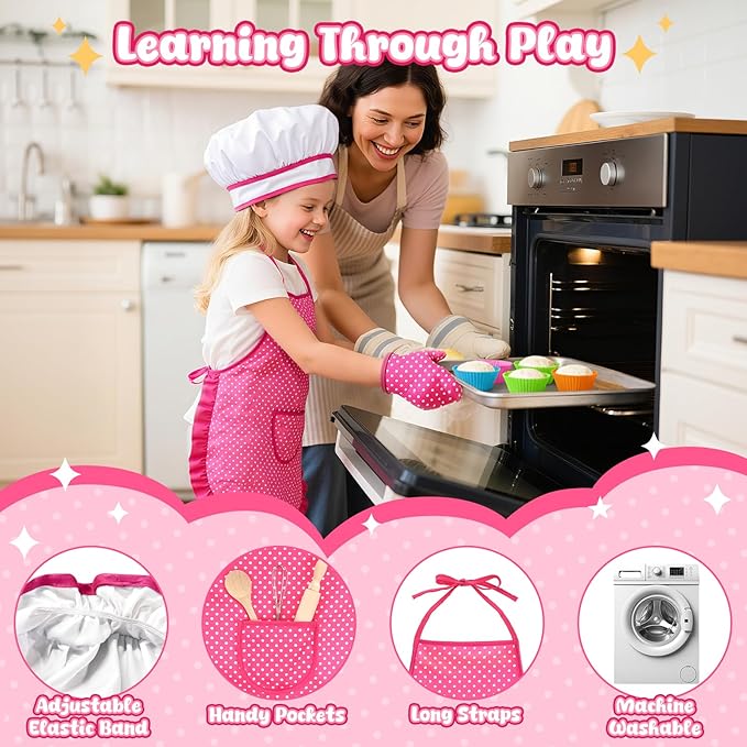 LovesTown Kids Cooking and Baking Sets, 32PCS Pretend Play Toys for Toddler Dress Up Clothes Birthday for Girls