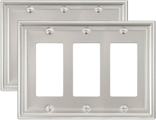 2-Pack Triple Decorator Wall Plate, 3 Gang Wall Plate for GFCI Outlet, Dimmer Switch, Receptacle Cover, Satin Nickel, 6.77 * 4.88, Midsize
