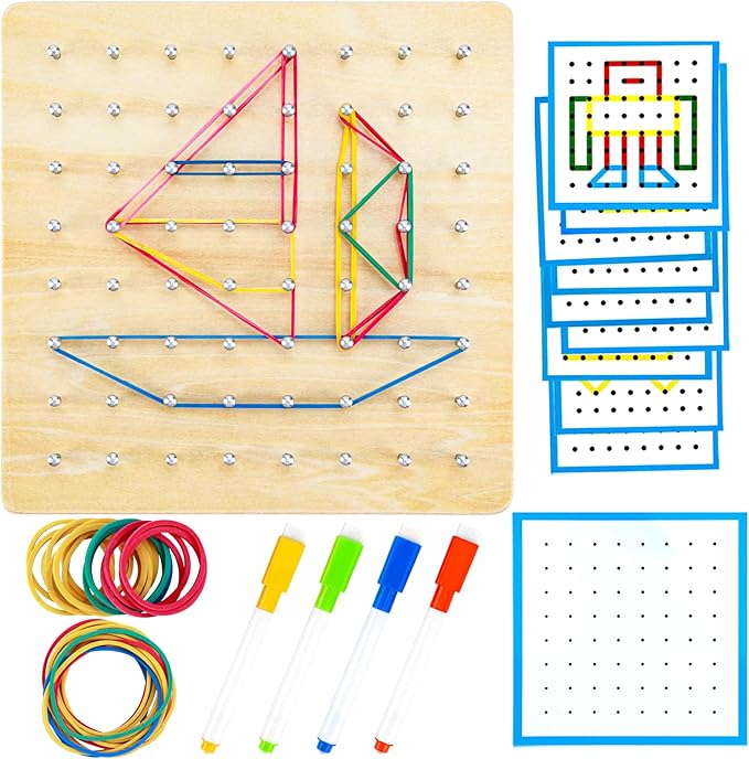 HEELWIRE Wooden Geoboard, Montessori Educational Toy for Kids with Pattern Cards and Rubber Bands to Figures and Shapes, Brain Teaser STEM Geo Board