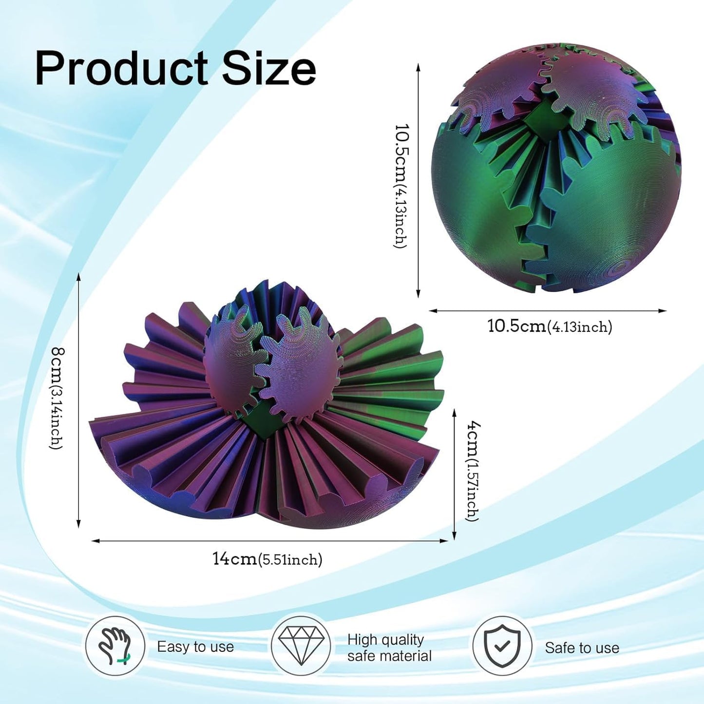 4-inch Larger 3D Printed Gear Ball - Marvellous Design Gear Sphere, Already Assembled 360° Rotatable Gearsphere, Steampunk Whirling Wonder Fidget for Stress and Anxiety Relief (Blue Gold)