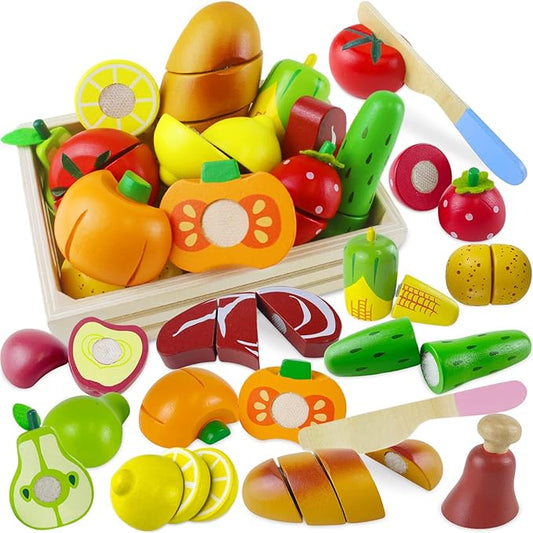 Wooden Play Food Sets for Kids Kitchen Toddlers Wood Toys Cutting Fruit Pretend Food Play Kitchen Accessories Set for Boys and Girls