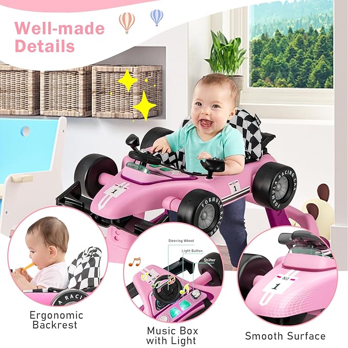 BABY JOY 4-in-1 Baby Walker, Foldable Activity Walker with Adjustable Height & Speed, Music, Lights, Anti-Rollover, Toddler Push Walker, Baby Walker with Wheels for Boys Girls 6-18 Months (Purple)