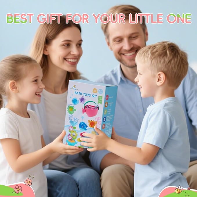 Toddler Bath Toys for Kids Ages 1-3, 17PCS Easy Clean & Colorful Mold Free Bath Toys for Babies 6-12 Months with Educational Stacking Cups Fun Bathtub Pool Water Toys for Toddler 2-4 Stocking Stuffers