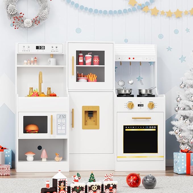 MAMIZO Wooden Play Kitchen for Kids, Toddler Toy Kitchen Playset, Large Interactive Pretend with 6 Kitchenware, Realistic Water Dispenser & Hood w/Lights & Sounds, Sink, Stove, Oven, Microwave (White)