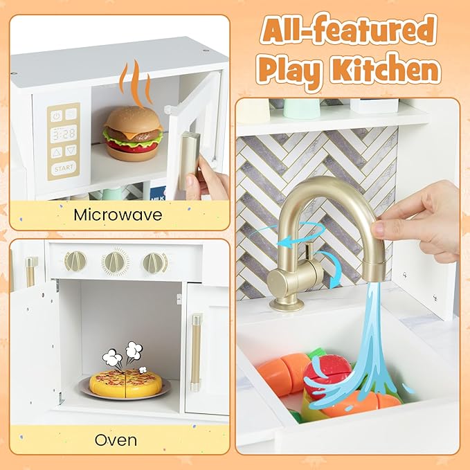 HONEY JOY Play Kitchen, Wooden Toy Kitchen Set with Coffee Maker, Microwave, Range Hood, Ice Maker, Stove, Dish Rack, Cookware, Pretend Play Kids Kitchen Playset for Toddler Boys Girls (White)