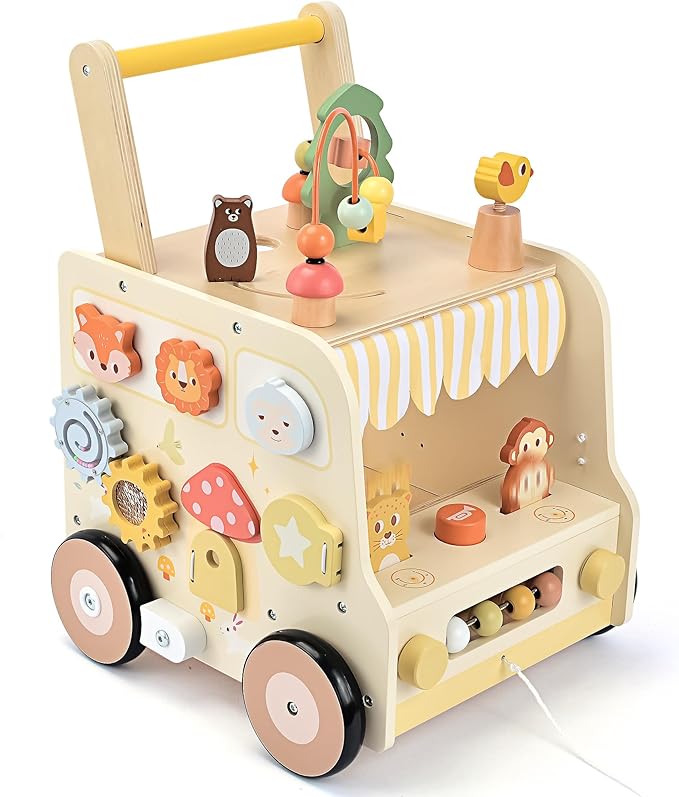 Wooden Activity Cube Push Walker, Wooden Baby Walker, Montessori Toys for Babies 10-12 Months 1 2 3 Years Old Boys & Girls, Help Learning to Walk & Sit-to-Stand
