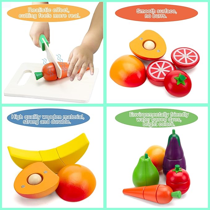 Wooden Play Food Sets for Kids Kitchen - Cutting Fruits and Veggies Toddler Toys Pretend Food Play Kitchen Accessories Montessori Educational Toys Gifts for Kids Boys Girls 3+