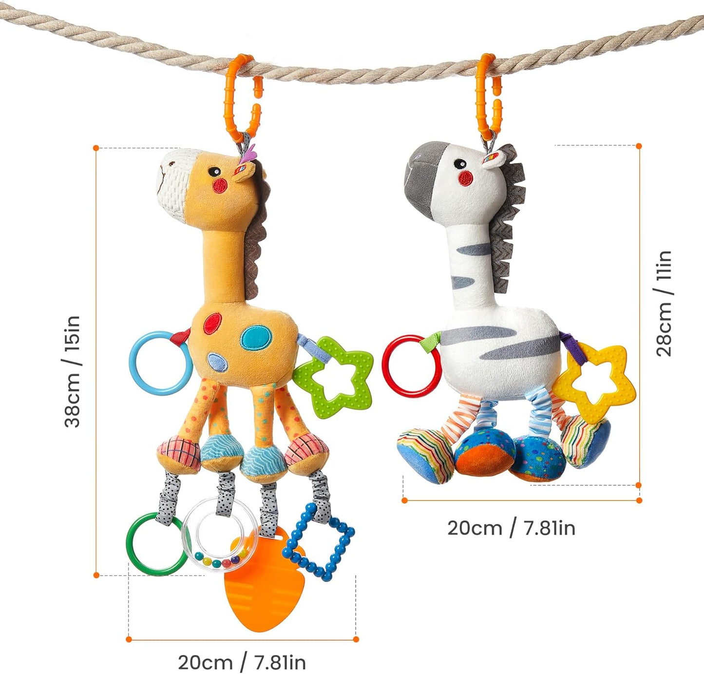 TUMAMA Hanging Toys, 16 inch Plush Animals Baby Rattle, Car Seat Stroller Toys, 2 Pack, Newborn - 12 Months, 2 x Plush Animal Hanging Toys (Giraffe, Zebra), Rings, Built-in Rattles and Crinkles