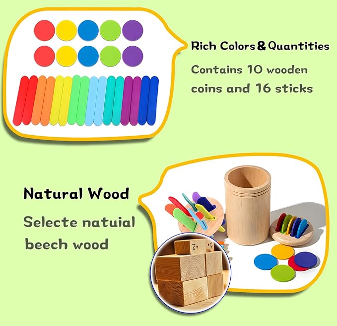 Montessori Toys for Toddlers,Wooden Learning Color Shape Sorting Toy for Baby,2-in-1 Wood Stick Coin Educational Fine Motor Developmental Sensory Matching Games, Girl for Boy Child Gifts