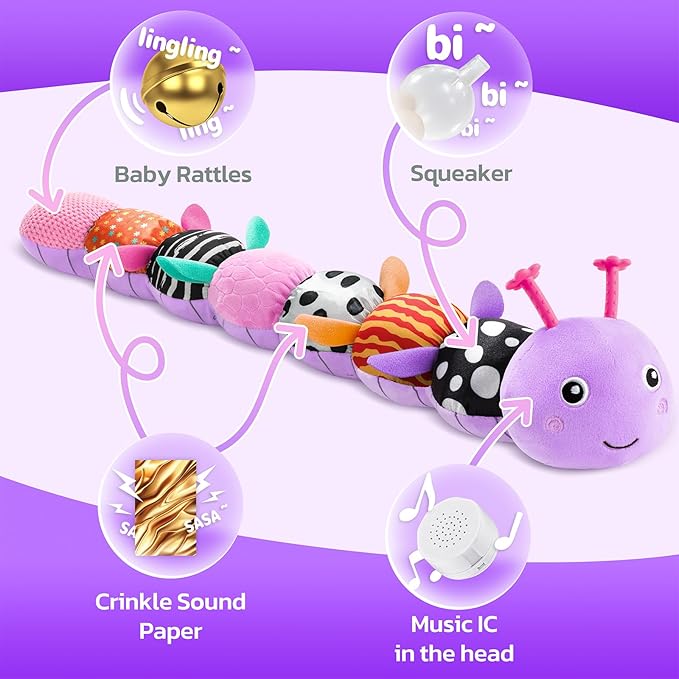 HEMRLY Baby Gifts Toys, Sensory Toy 0-6 Months, Musical Stuffed Caterpillar Plush with Soft Teether, Rattle for Tummy Time, Infant Car Seat Toy for 0-3-6-12 Month Boys Girls Gifts - Spotted Purple