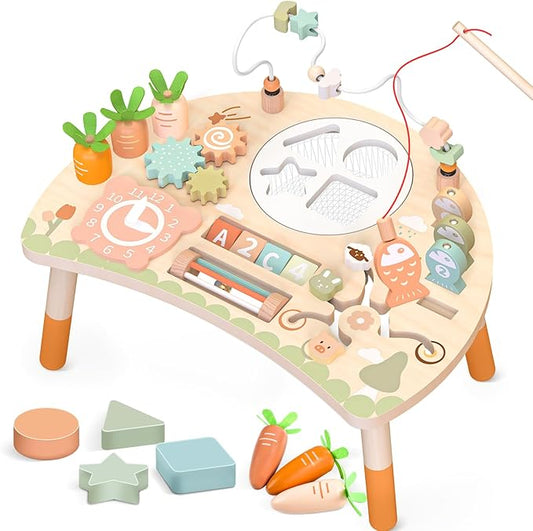 Wooden Activity Table, 9-in-1 Montessori Sensory Play Table with Shape Sorter Fishing Game Bead Maze, Baby Activity Center Learning Toys for Toddler