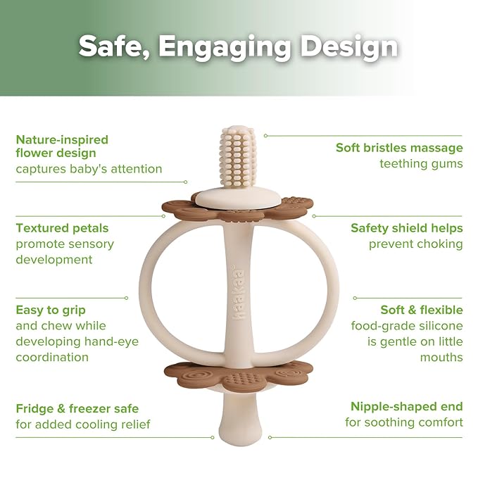 haakaa Silicone Baby Teether Toys,Nipple-Shaped End for Gum Massage,360° Baby Toothbrush Head for Self-Brushing Training,Easy to Grip-Cocoa