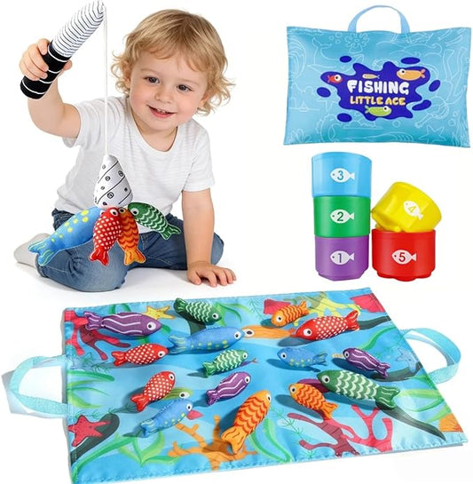 Montessori Toys for 1 Year Old, Cloth Fishing Game for Toddlers 1-3 with Stacking Cups, Baby Boy Girl First Birthday Gift, Color Sorting | Number Counting | Shape Learning