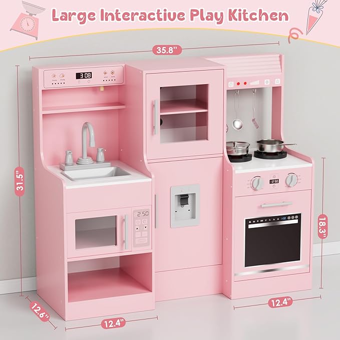 MAMIZO Wooden Play Kitchen for Kids, Toddler Toy Kitchen Playset, Large Interactive Pretend with 6 Kitchenware, Realistic Water Dispenser & Hood w/Lights & Sounds, Sink, Stove, Oven, Microwave (Pink)