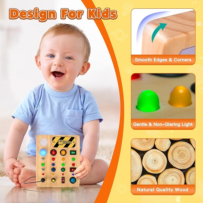 Busy Board Montessori Toys for Toddler, Wooden Sensory Board Switch Toy with Shape Sorter LED Light Up Toys Educational Plane Travel Activity for Girls & Boys