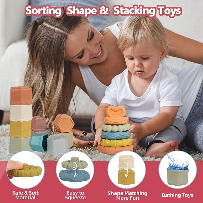 Shape Sorter Baby Toys 5 in 1 Montessori Toy, Shapes for Sorting Play for Infants Ages 6-48 Months, Stack & Count Cups, Rings Toy Links, Sensory Learning Toy Set Babies Birthday Gift