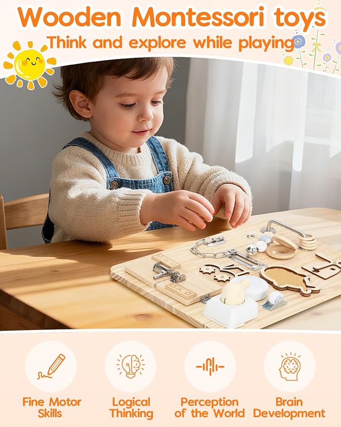 Montessori Busy Board for 1 2 3 4 Year Old, Wooden Sensory Toys, Montessori Sensory Toys for Fine Motor Skills, Sorting & Stacking Toys, Fidget Activity Board for ADHD & Autistic, Ideal Gift Choice