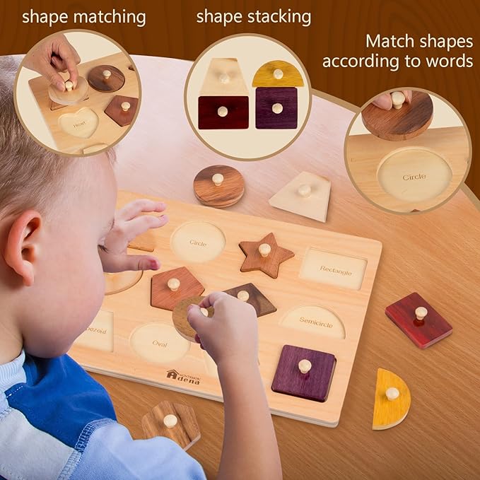Adena Montessori Wooden Puzzles for Toddlers 1-2, 12 Piece Shape Peg Board with Knobs Educational Learning Toys for 1-2 Year Old Natural Wood Shape Sorter for Babies Durable Montessori Toys